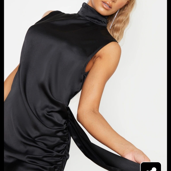 BLACK SATIN HIGH NECK SIDE DRESS - Picture 3 of 7